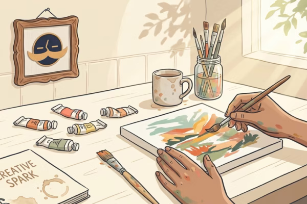 Person painting colorful abstract shapes on canvas at a sunny kitchen table, brushes and paint tubes scattered around