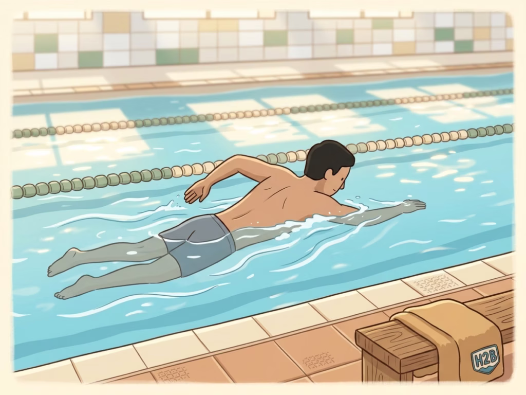 Recreational swimmer in a bright indoor pool lane, unhurried and relaxed, morning light on the water