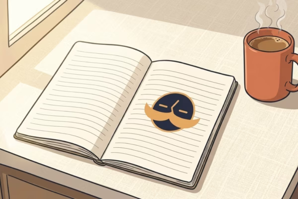 Open notebook and coffee mug on a sunny morning counter, simple five-minute journaling setup