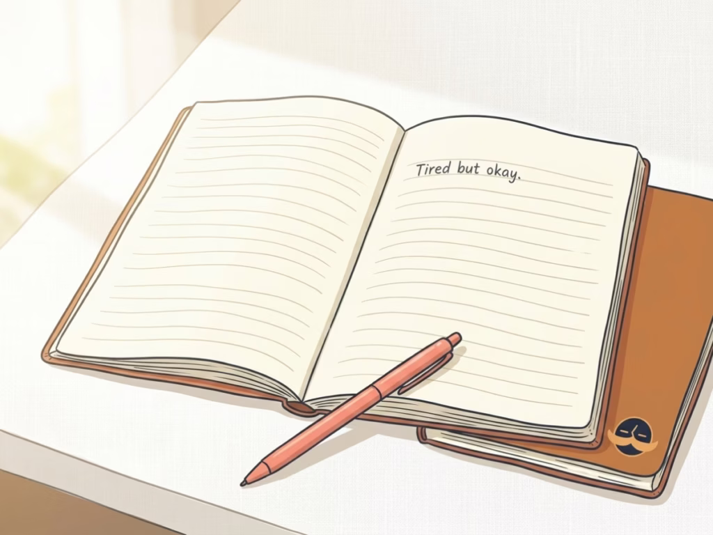 Nearly blank notebook page with a single handwritten line in morning light, one line of journaling still counts