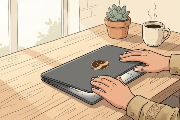 Person closing a laptop on a tidy home desk, signaling the end of the workday
