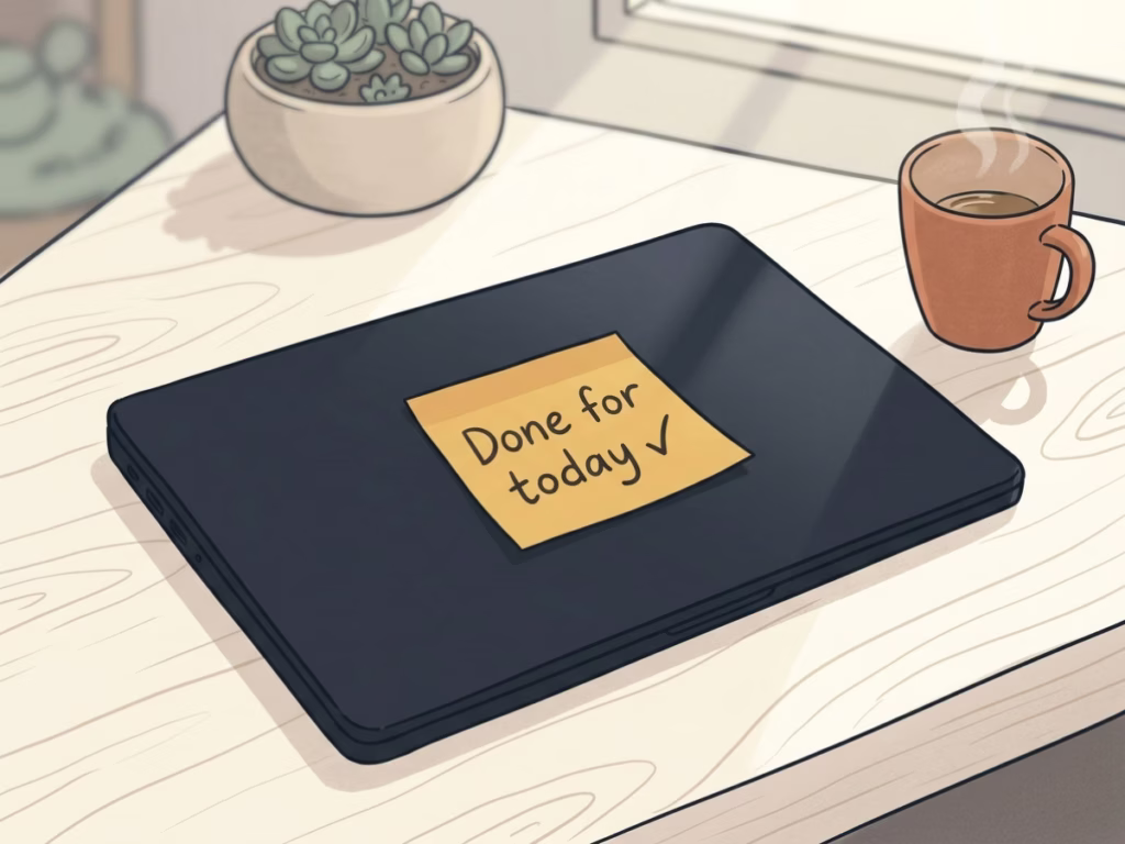 Sticky note reading 'Done for today' on a closed laptop on a sunny desk, end of workday ritual