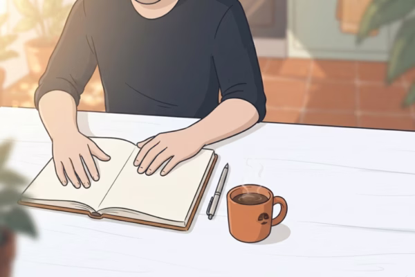 Man sitting at kitchen table with notebook and coffee, pausing to think about what he actually wants from life