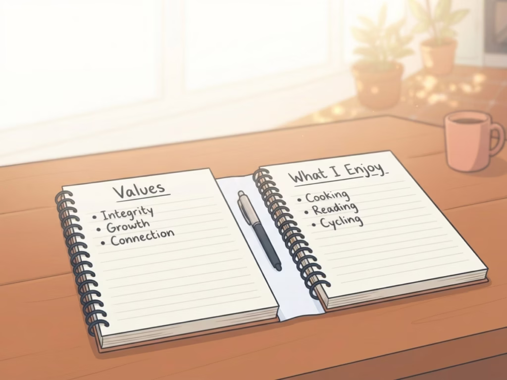 Two open notebooks side by side on a wooden table, ready for writing values and goals lists