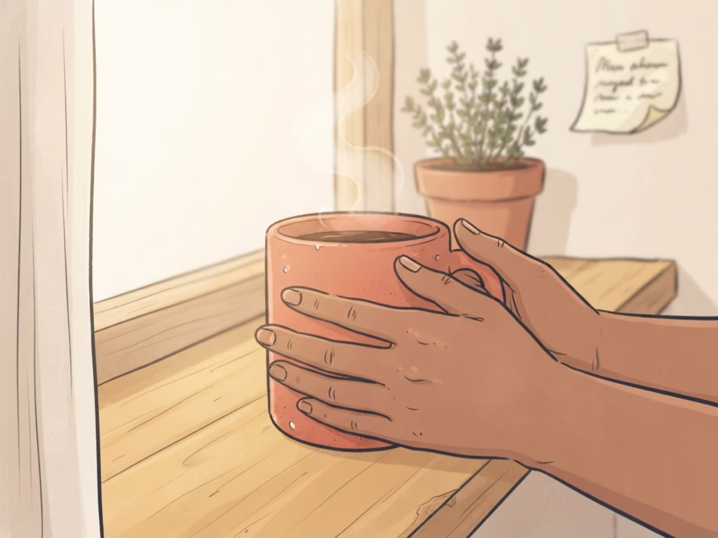 Hands wrapped around a warm coffee mug on a sunny morning windowsill, quiet moment of calm