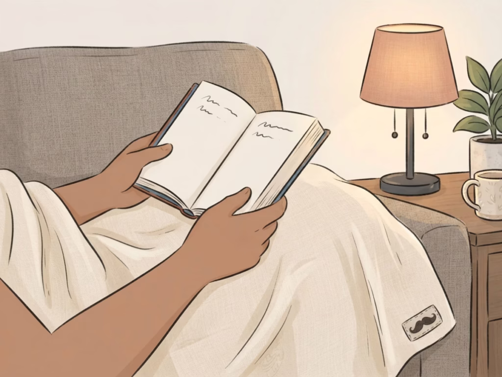 Person reading a book on a couch at night in soft lamp light, calm and quiet