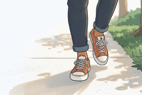 Man walking on a sunny sidewalk in casual clothes, bright natural light, cheerful and relaxed