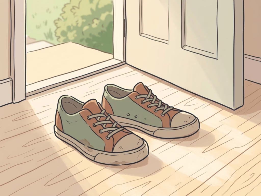 Well-worn sneakers near a front door, bright natural light, ready-to-head-out casual moment