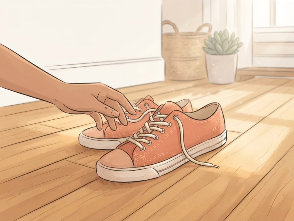 Close-up of hands lacing a sneaker on a bright wooden floor, representing taking the smallest first step