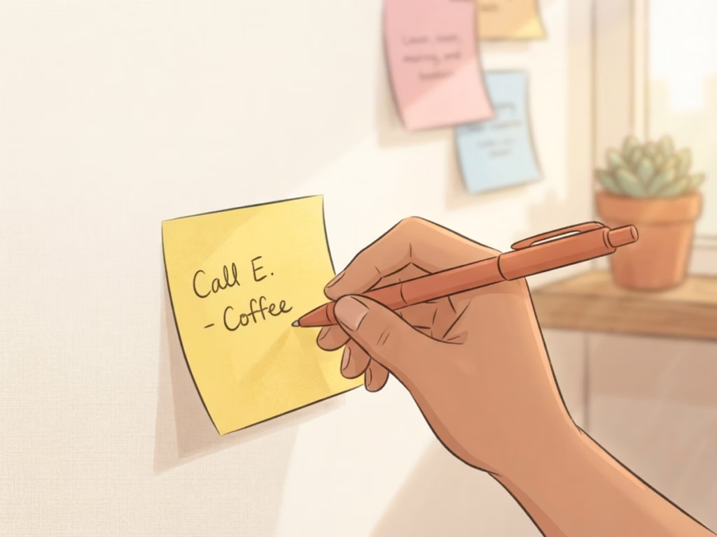Hand writing a short encouraging note on a sticky note at a bright desk, representing self-compassion