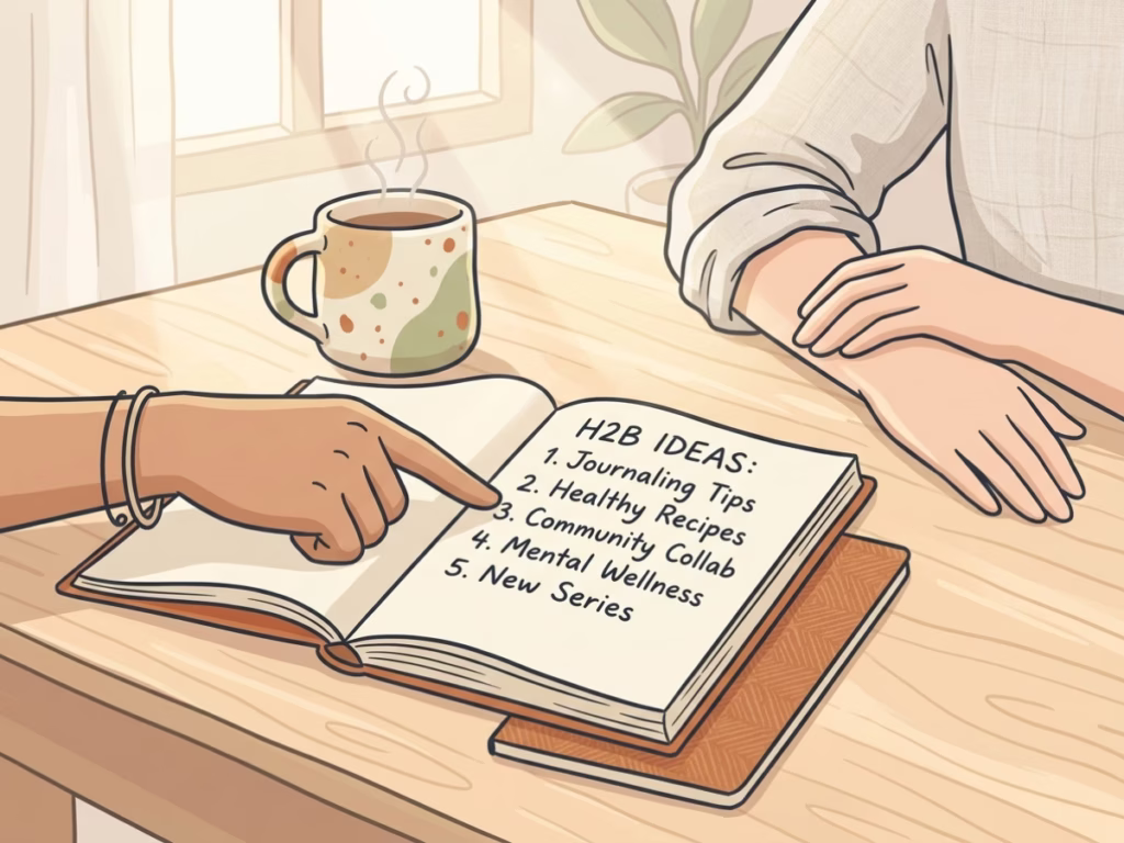 Two people at a table, one pointing at a notebook, in a mentoring or collaborative conversation