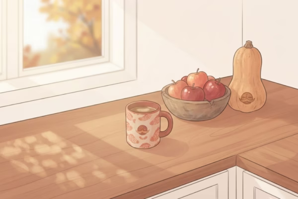 Sunny morning kitchen counter with autumn produce and a coffee mug, simple fall routine