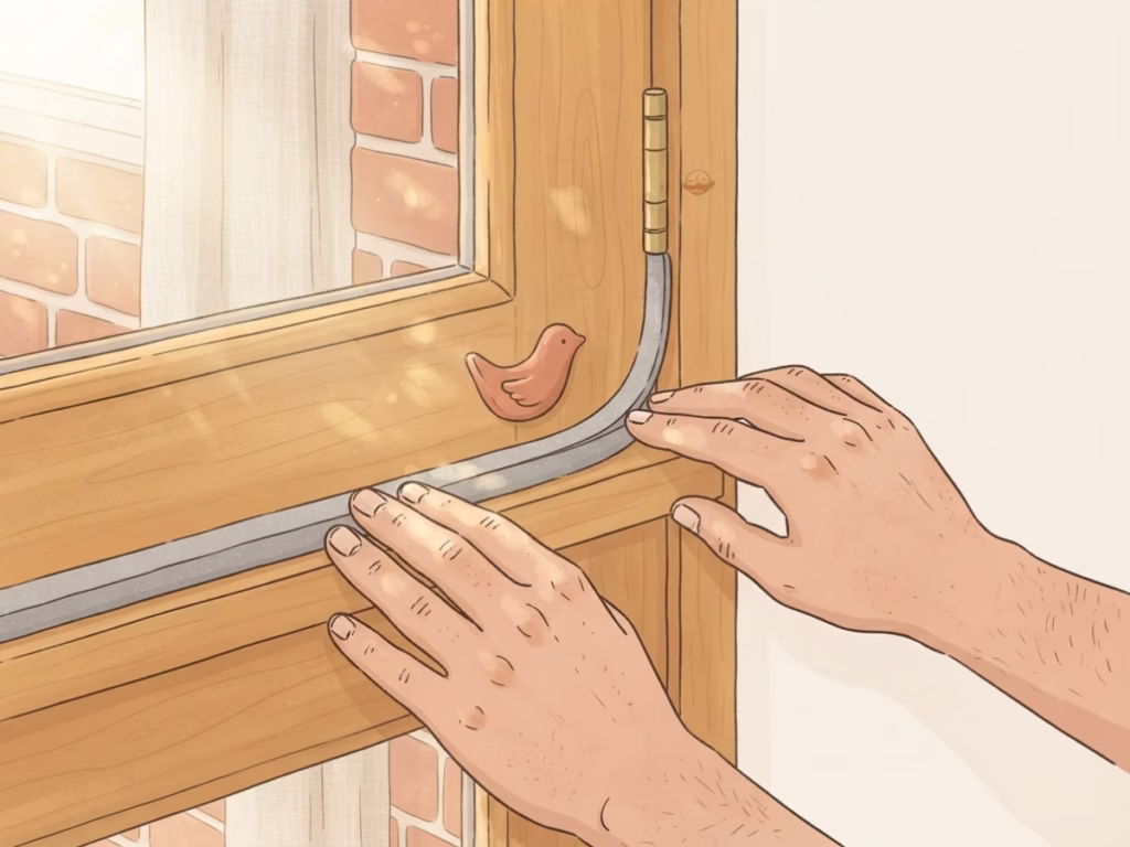 Hands pressing weatherstripping onto a door frame, simple home efficiency before winter