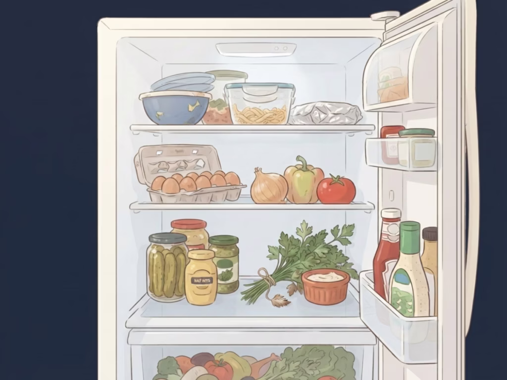 Open refrigerator with everyday groceries and leftovers, sustainable fall routine habits