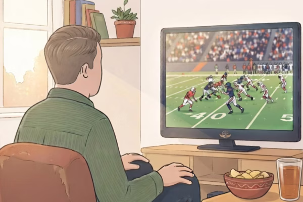 Man relaxing on couch watching football game on TV with snacks on coffee table