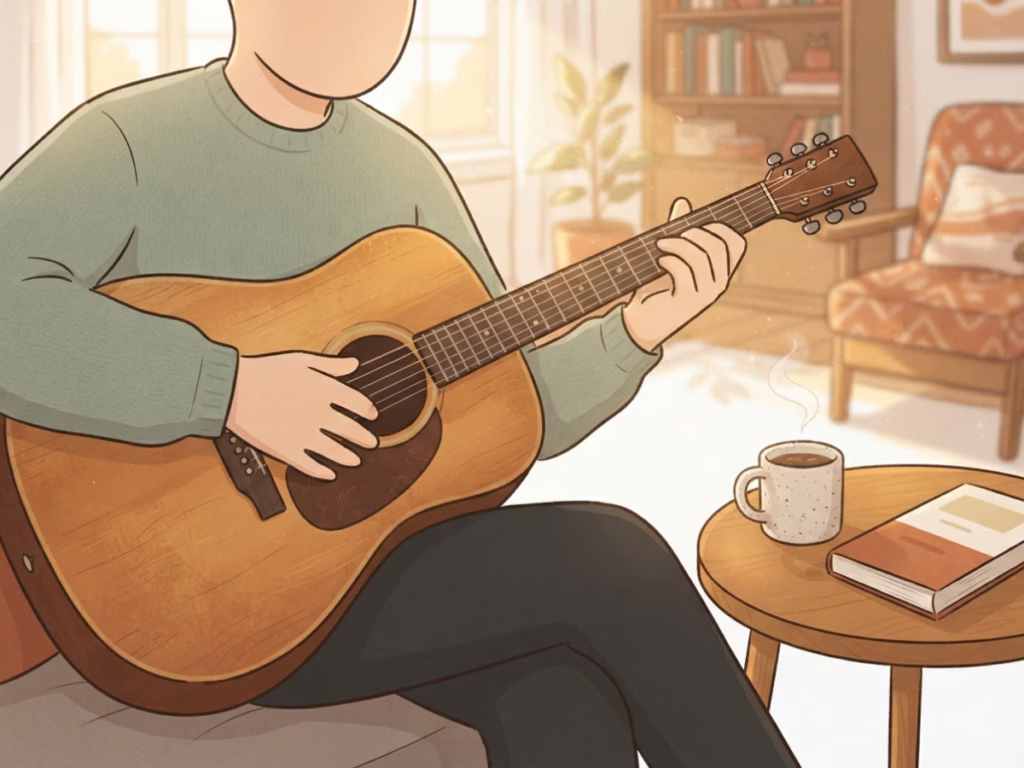 Man relaxing at home on a Sunday afternoon playing guitar with coffee nearby