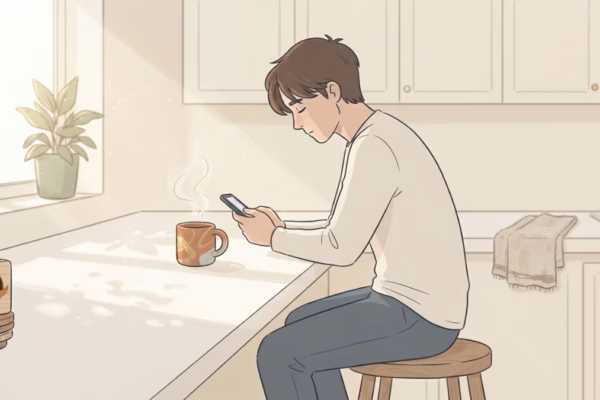 Man looking at phone with distracted expression in warm morning light, representing the social comparison spiral