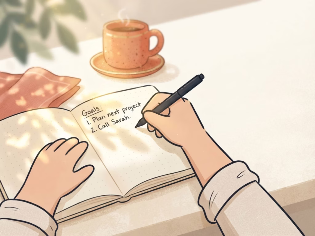 Hands writing in a notebook on a sunny counter, representing tracking personal progress against your past self