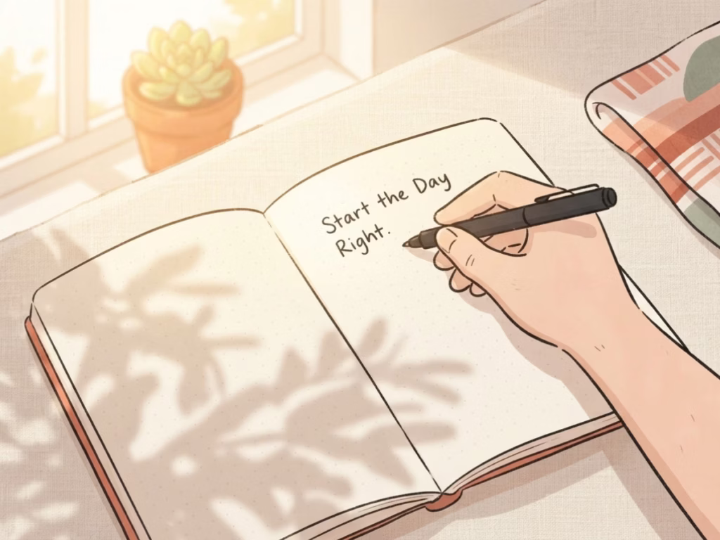 Hand writing a single line in a notebook in bright morning light, representing the one actionable step to stop comparing yourself to others