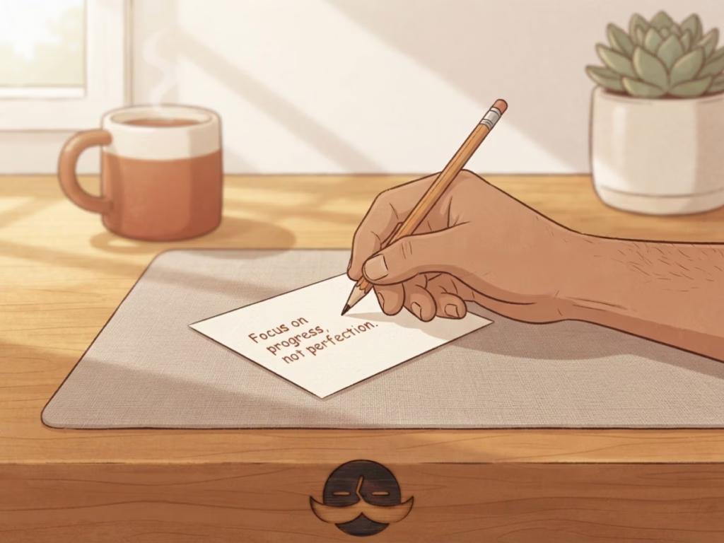 Hand writing a short follow-up note on a bright desk in warm morning light