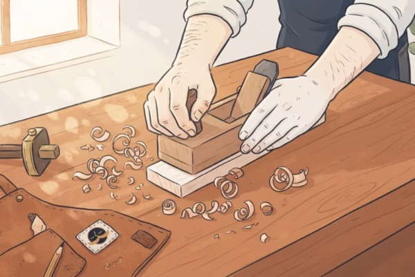 Hands working on a woodworking or craft hobby at a sunlit workbench, no pressure, no price tags