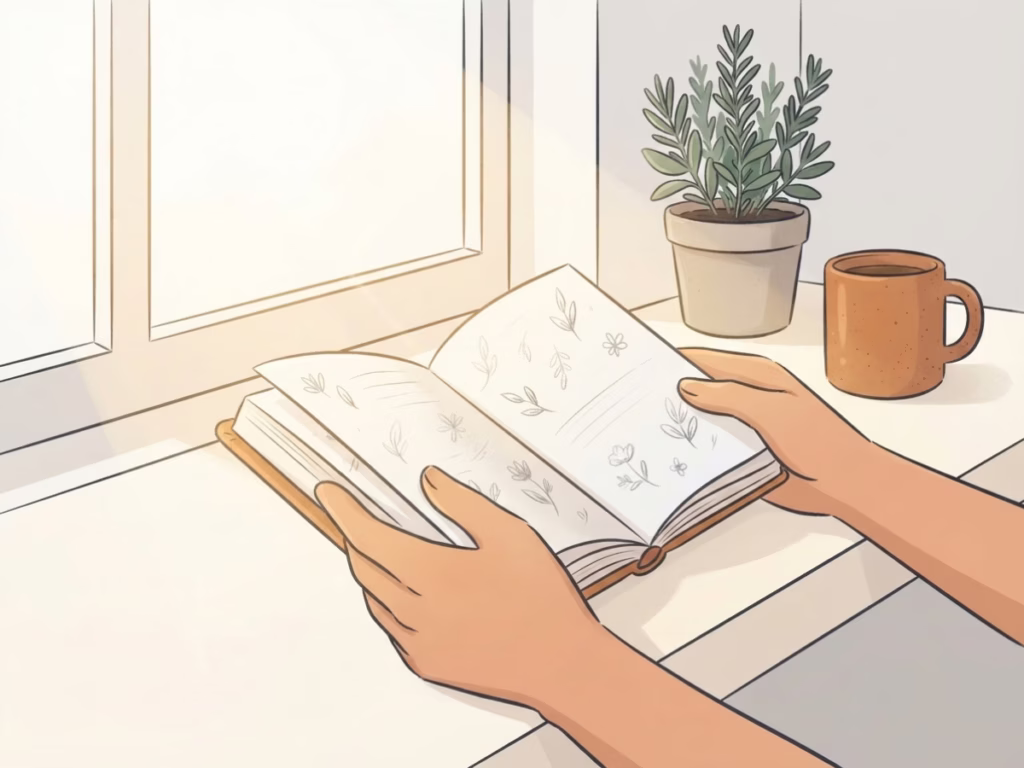Person relaxing with a sketchbook or hobby at a sunny window on a quiet morning, no pressure