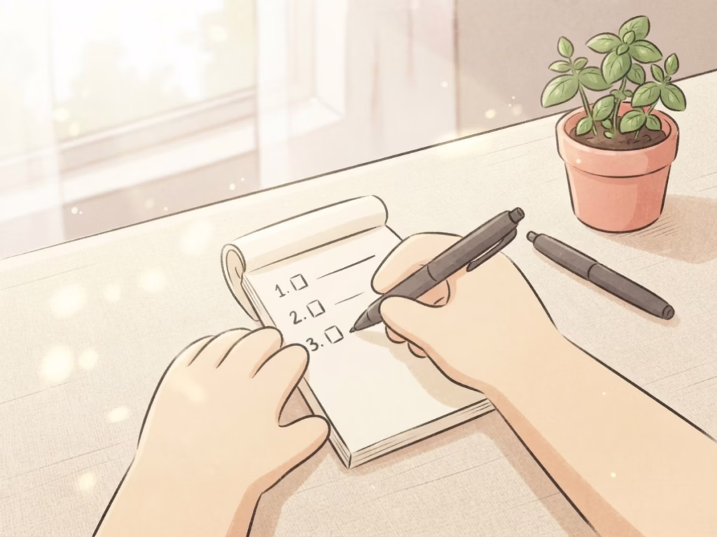 Hands writing a short checklist in a small notebook on a bright morning desk, daily habit and consistency concept