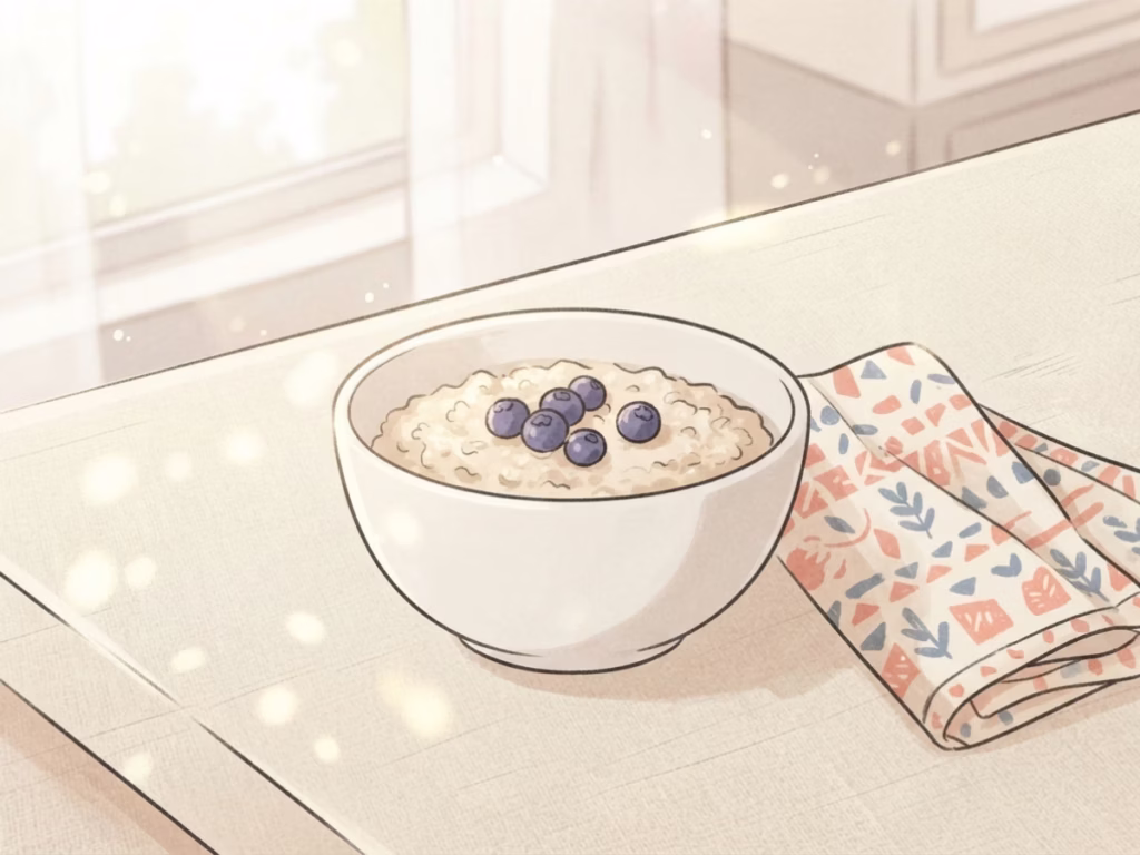 Simple bowl of oatmeal on a bright sunny kitchen counter, unglamorous everyday habit, morning light, cheerful and approachable