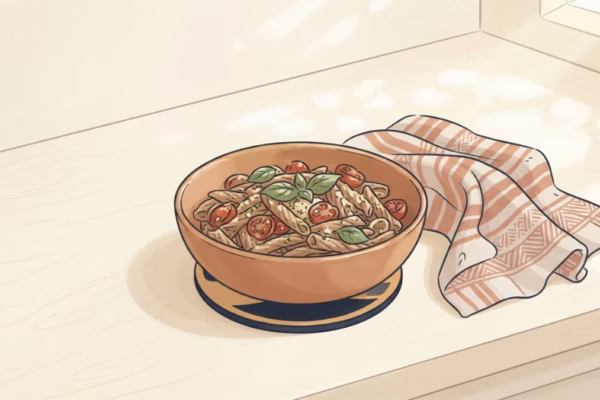 A simple home-cooked meal for one on a sunny kitchen counter, pasta, eggs, or a single pan dinner