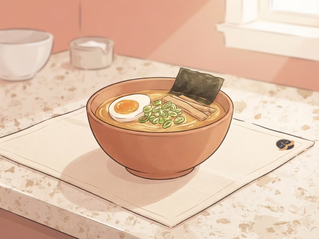 A simple bowl of ramen or scrambled eggs on a bright kitchen counter, easy solo cooking done well