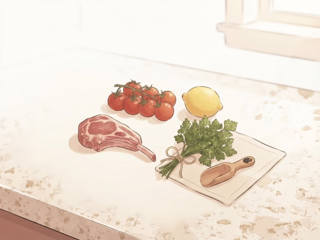A small, fresh grocery haul on a kitchen counter, protein, vegetables, and a starch for a simple solo meal