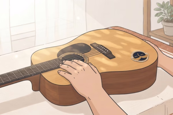 Adult hands resting on acoustic guitar on a sunny wooden table, beginner musician learning at home