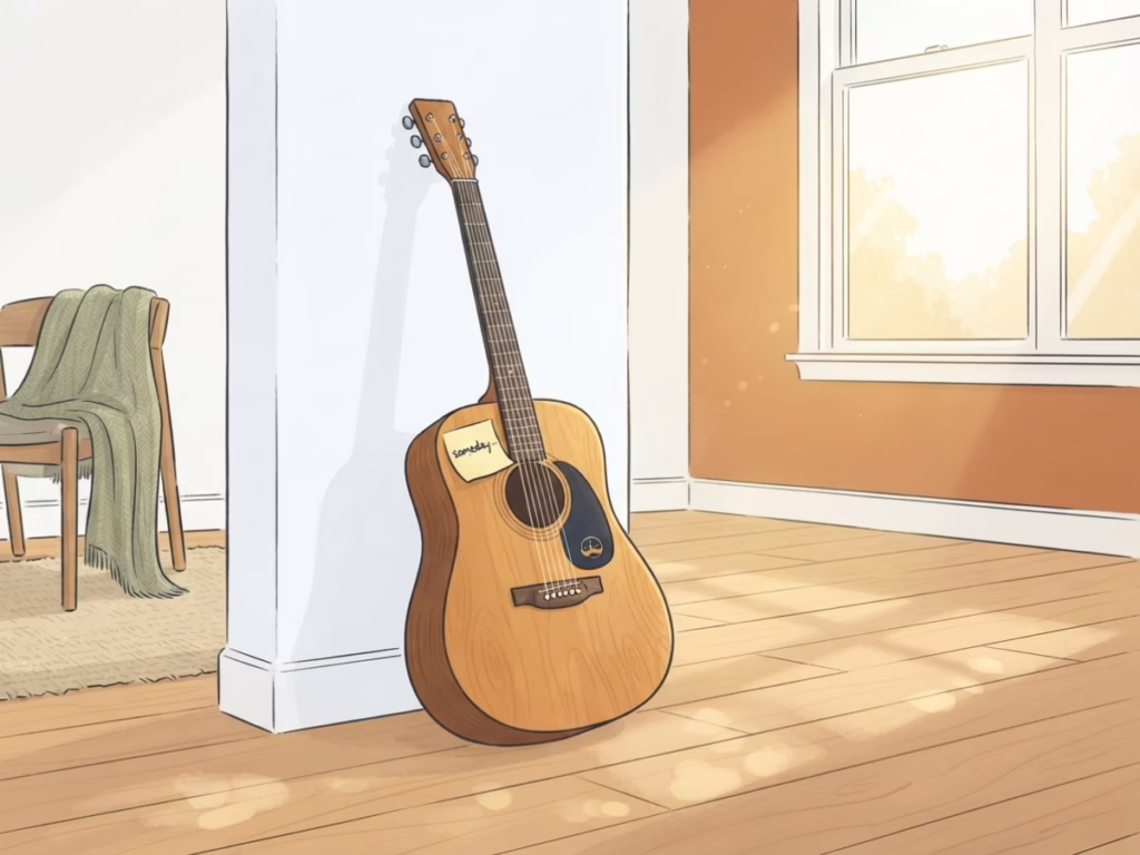 Acoustic guitar leaning against a bedroom wall, slightly dusty, relatable beginner instrument left unpracticed