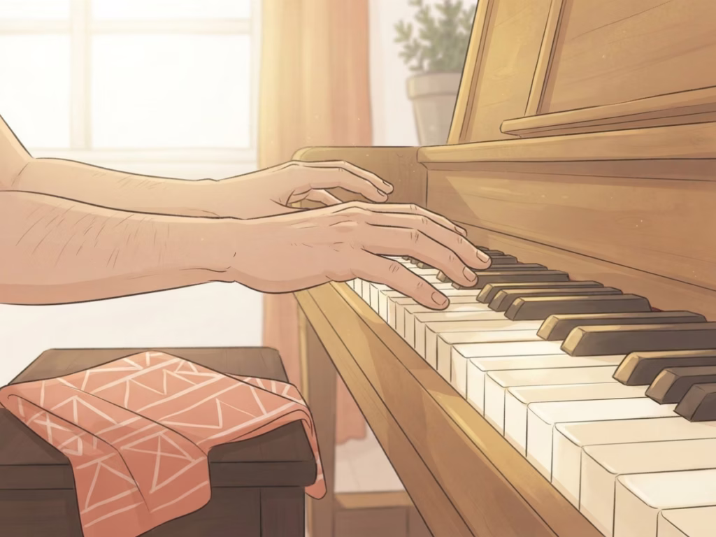 Close-up of adult hands practicing piano keys, learning music as a beginner, slightly uncertain mid-attempt
