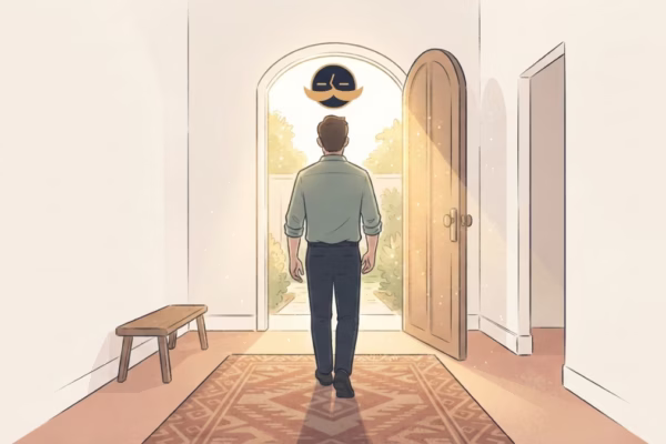 Man walking toward bright open doorway, seen from behind, warm morning light. Man in the Arena