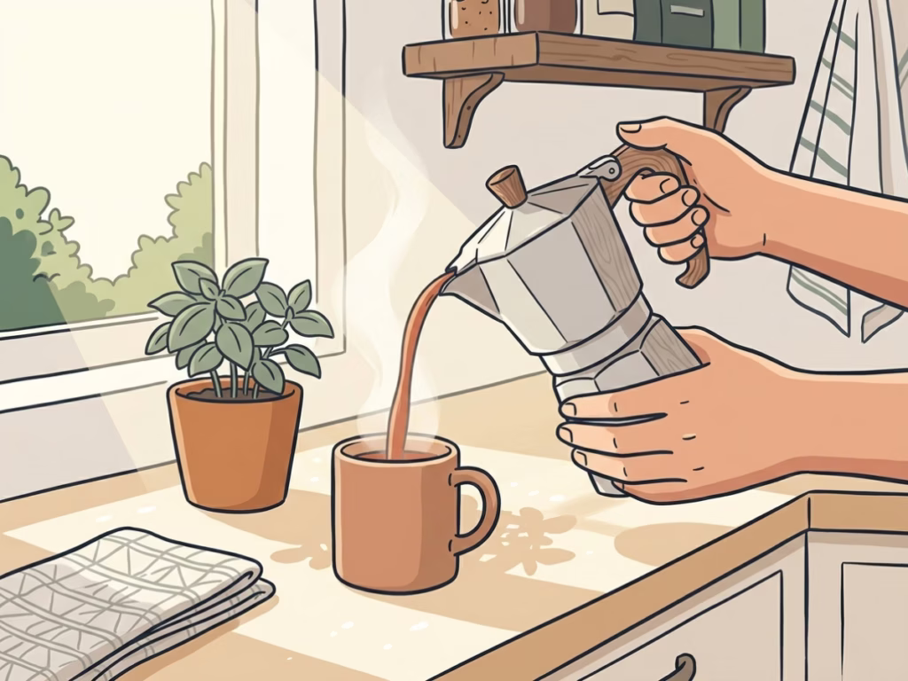 Person making coffee in a bright morning kitchen, ordinary Tuesday moment, showing up to daily duty