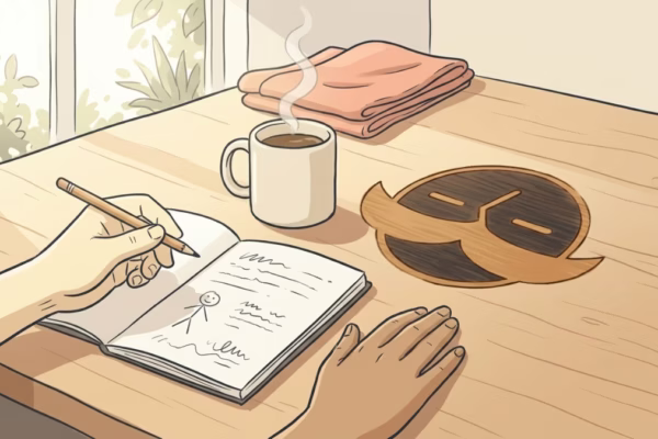 Man at a sunny kitchen table sketching or tinkering with a small hobby project, relaxed and unhurried