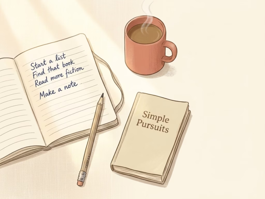 Overhead flatlay of casual hobby supplies — notebook, pencil, a small book — on a warm kitchen counter in morning light