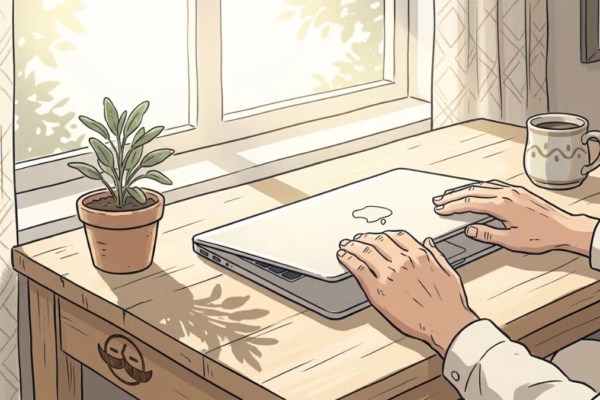Person closing a laptop near a sunny window at the end of the workday