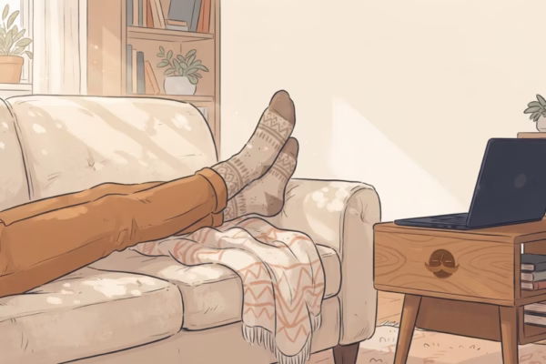 Person relaxing on a couch in warm afternoon light, looking genuinely at ease