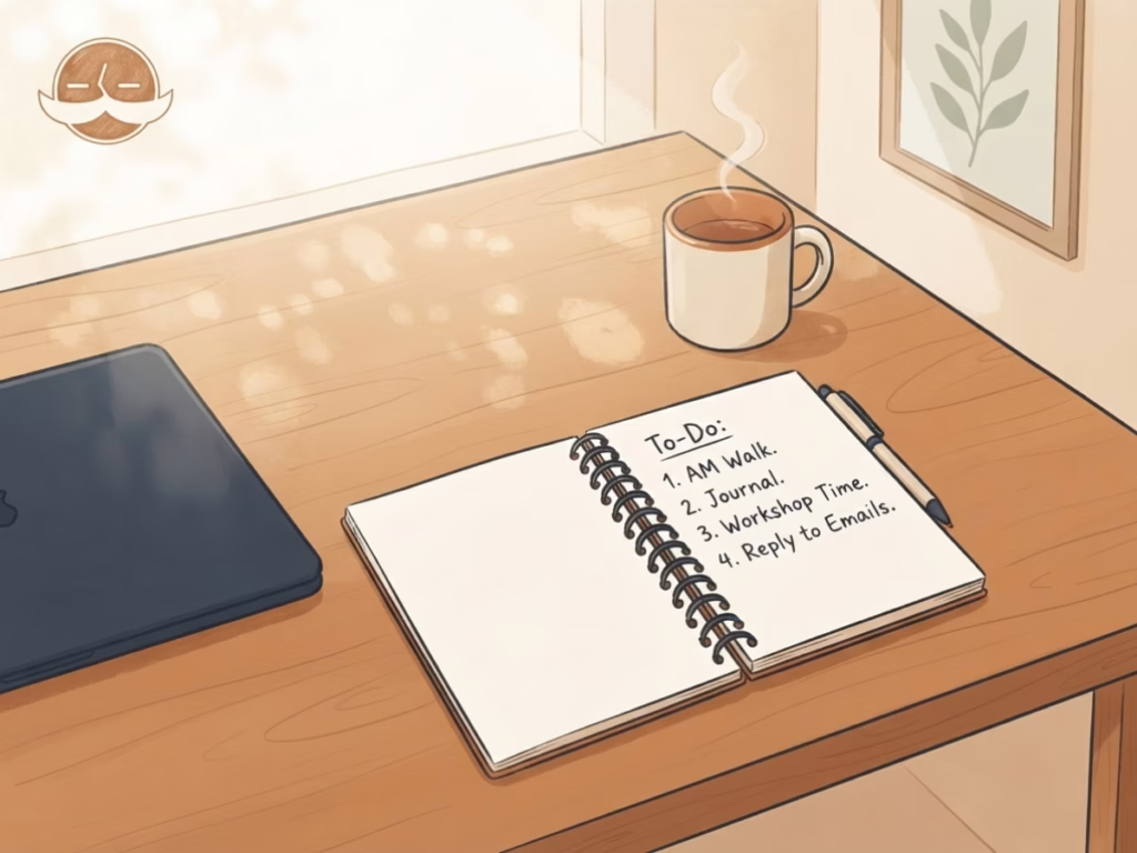 Open notebook with handwritten to-do list beside a closed laptop on a sunny desk, shutdown ritual
