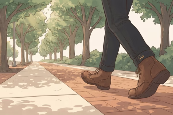 Man walking on a sunny tree-lined path with phone in pocket, looking ahead