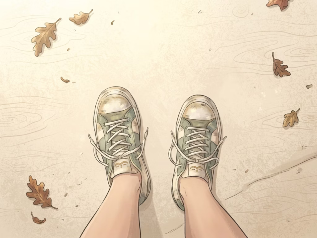 Close-up of feet in casual sneakers mid-stride on a warm sunlit pavement