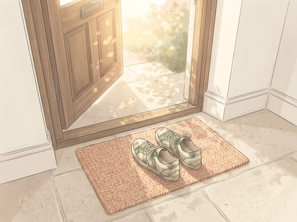 Casual sneakers sitting by a bright front door, ready to go out