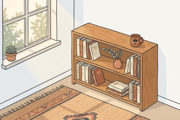 Small curated bookshelf with a few well-chosen books in warm morning light