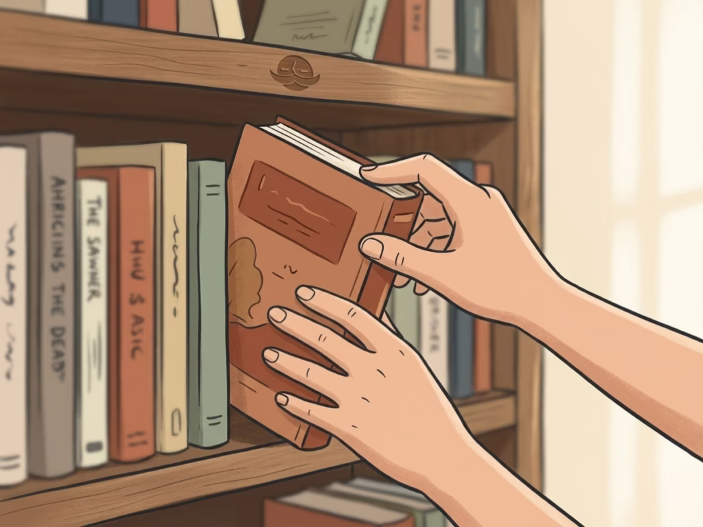 Hands pulling a single book from a small wooden shelf, warm natural light