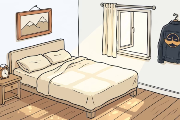 Sunlit bedroom in the morning with rumpled sheets, a simple alarm clock on the nightstand, warm natural light