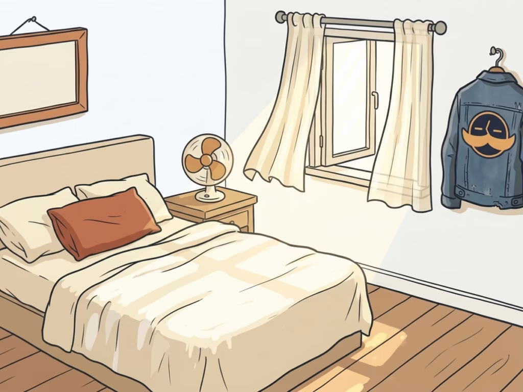 Bedroom window open with sheer curtain moving in a breeze, bright morning light, simple and airy