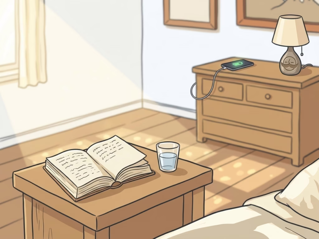 Open paperback book on a nightstand in warm morning light, phone charging across the room in the background