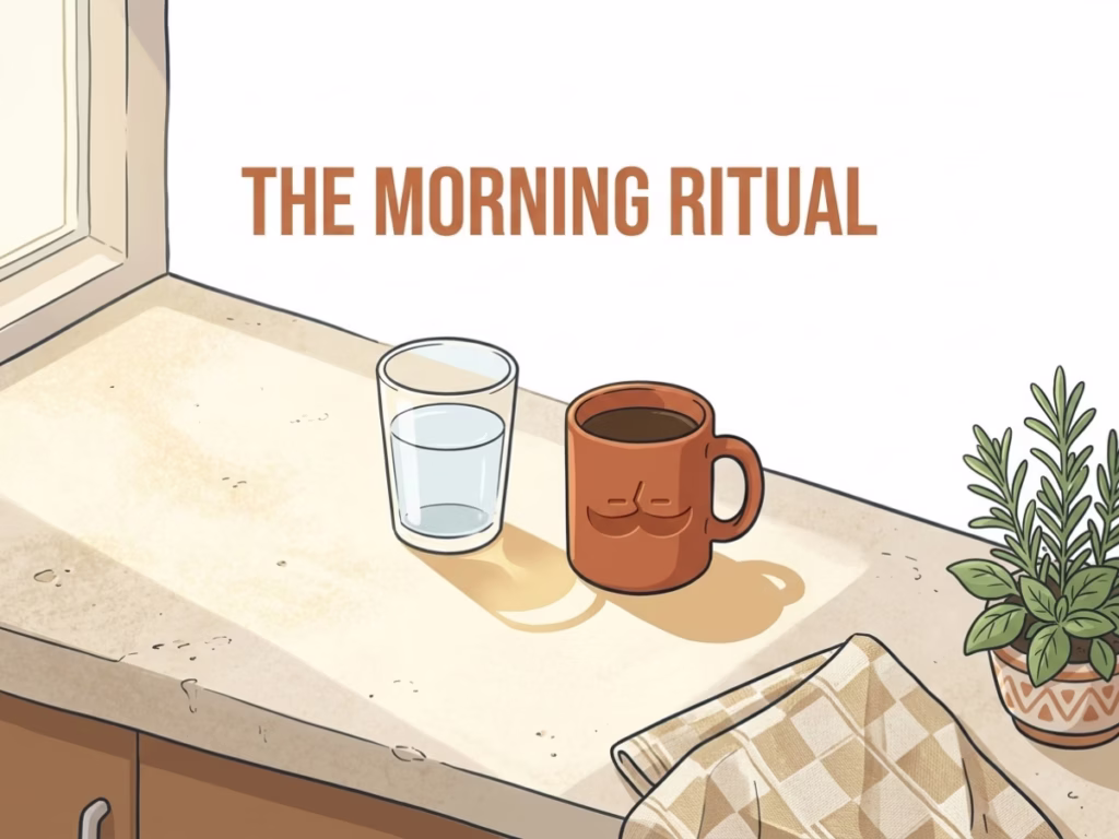 Coffee mug and glass of water on a sunny kitchen counter in warm morning light, overhead view